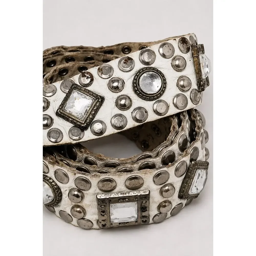 Sand Castle New York Vintage 80s White Leather Jewel Embellished Belt